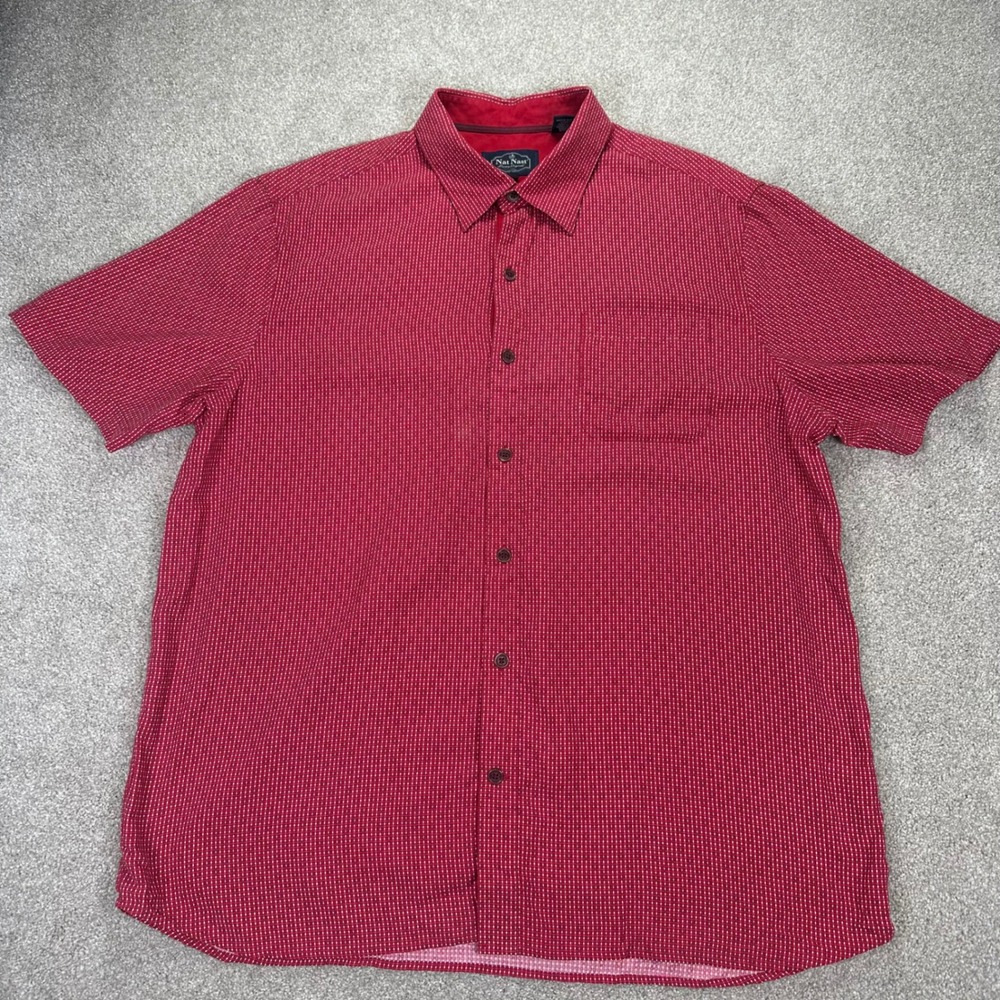 Nat Nast Mens L Shirt Silk Short Sleeve Red Micro Check Luxury Button Up Casual